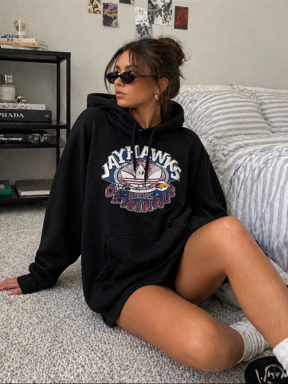 Adidas Originals Jayhawks Hoodie NWT Black Graphic Pullover Oversized Sweatshirt